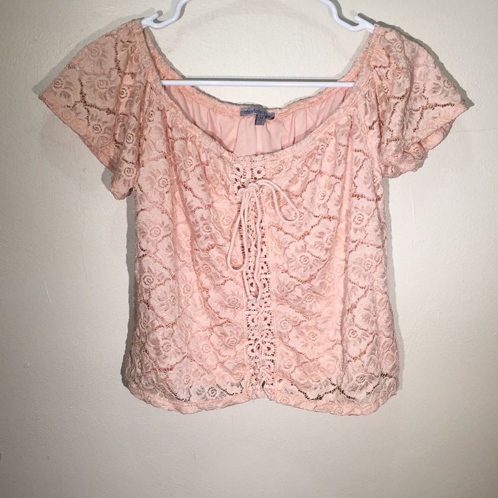 Light Coral Lace Crochet Off Shoulder Top like new